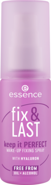 Różowy spray utrwalający makijaż Essence Fix & Last z hialuronem, pionowo na białym tle.