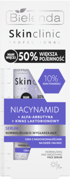 Bielenda Skinclinic Professional serum z niacynamidem, fioletowo-białe opakowanie z napisem "Normalising and Smoothing Face Serum".