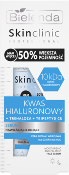 Bielenda Skinclinic serum hialuronowe 10kDa. Nawilżająco-kojące, do cery suchej i wrażliwej, widok z przodu.