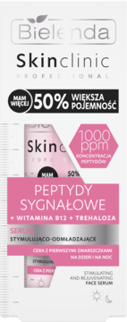 Bielenda Skinclinic Professional serum z peptydami sygnałowymi. Białe opakowanie z różowymi detalami, 50% więcej.
