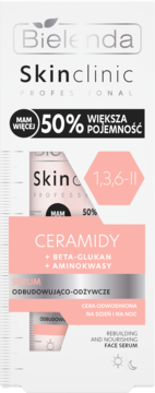 Bielenda Skinclinic serum odbudowujące z ceramidami. Białe opakowanie, 50% większe, widok z przodu.