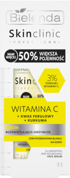 Bielenda Skinclinic Professional serum rozświetlające z Wit. C, kwasem ferulowym i kurkumą, białe opakowanie.