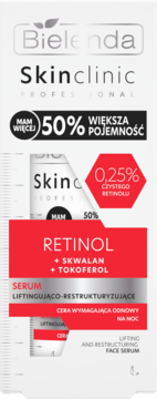 Bielenda Skinclinic Retinol Serum 0,25% ze skwalanem, białe opakowanie z czerwonymi detalami, widok z przodu.
