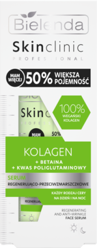 Bielenda Skinclinic Professional Kolagen serum, wegański, regenerujące, 50% większa pojemność, białe pudełko, przód.