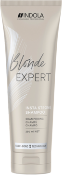 Indola Blonde Expert Insta Strong szampon 250ml w beżowej tubce, widok z przodu, z technologią Hair-Bond.