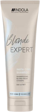 Indola Blonde Expert Insta Cool szampon, beżowa tubka z Hair-Bond Technology, widok z przodu.
