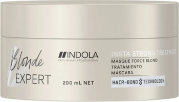 Indola Blonde Expert Insta Strong maska do włosów, beżowy słoik 200ml, technologia Hair-Bond, widok z przodu.