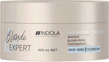 Jasnobeżowy słoiczek maski Indola Blonde Expert Insta Cool 200ml, widok z przodu. Ochładza i neutralizuje żółte tony.