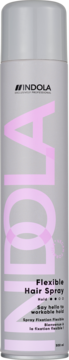 Indola Flexible Hair Spray w szarej cylindrycznej puszce z różowym pionowym logo, widok z przodu.