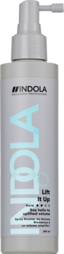 Jasnoszary spray Indola Lift It Up, zwiększający objętość włosów, z pompką, widok z przodu, niebieskie logo.