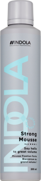 Indola Strong Mousse do włosów, szara butelka z niebieskim logo, napis "Say hello to great volume", widok z przodu.