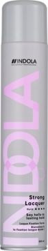 Indola Strong Lacquer, szara puszka lakieru do włosów z różowym napisem, widok z przodu, 400 ml.