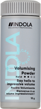 Indola Volumising Powder w szarej, cylindrycznej butelce z ryflowaną zakrętką, widok z przodu.