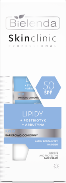Bielenda Skinclinic SPF 50 Lipidy Postbiotyk Arbutyna, krem barierowo-ochronny, białe opakowanie, widok z przodu.