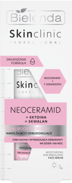 Bielenda Skinclinic Neoceramid serum, dwufazowe, nawilżająco-odbudowujące, w białym pudełku z różowymi akcentami, widok z przodu.