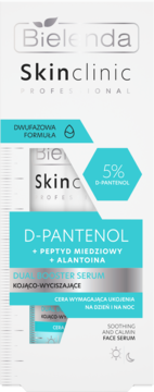 Bielenda Skinclinic D-Pantenol dwufazowe serum kojące, białe opakowanie z turkusową szatą graficzną, z przodu.
