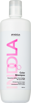 Indola Color Shampoo w białej butelce z różowym napisem, widok z przodu, pojemność 1000 ml, produkt wegański.