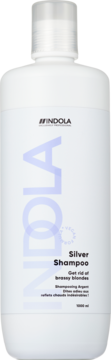 Indola Silver Shampoo 1000ml, biała butelka z fioletowym napisem, neutralizuje miedziane blondy, widok z przodu.