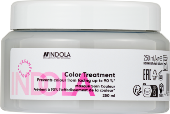 Maska Indola Color Treatment do włosów farbowanych, biały słoik 250ml, widok z przodu z napisem "VEGAN FORMULA".