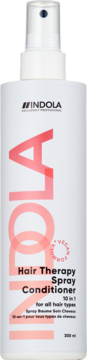 Indola Hair Therapy Spray Conditioner 10 w 1, biała butelka 200 ml, widok z przodu, z różowymi i czarnymi napisami.