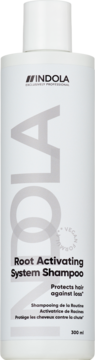 Indola Root Activating System Shampoo, biała butelka 300ml. Wegański szampon na wypadanie włosów, widok z przodu.