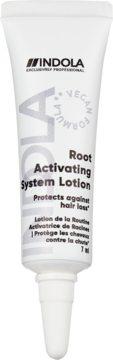 Biała tubka Indola Root Activating System Lotion z wegańską formułą, chroniąca przed wypadaniem włosów, widok z przodu.
