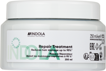 Indola Repair Treatment, biała, wegańska maska do włosów 250 ml w okrągłym słoiczku, widok z przodu.