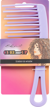 Fioletowy grzebień do włosów kręconych CURLmeUP Ewa Schmitt, szerokie zęby, widok z przodu opakowania z ilustracją.