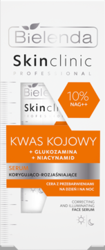 Bielenda Skinclinic serum na przebarwienia z kwasem kojowym, w białym kartonie z pomarańczową etykietą.