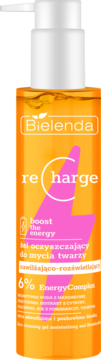 Bielenda Recharge nawilżająco-rozświetlający żel do mycia twarzy, pomarańczowa butelka, front.