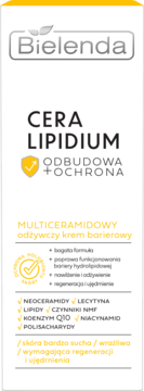 Bielenda Cera Lipidium: multiceramidowy krem barierowy, białe opakowanie z żółtymi detalami, widok z przodu.