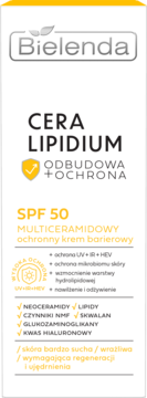 Bielenda Cera Lipidium SPF 50 multiceramidowy krem barierowy, białe opakowanie z żółtymi akcentami, przód.
