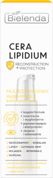 Bielenda Cera Lipidium wygładzający krem pod oczy, biała butelka z pompką, żółte detale.