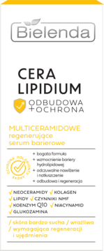 Bielenda Cera Lipidium Multiceramidowe regenerujące serum barierowe, białe opakowanie z żółtym logo, widok z przodu.
