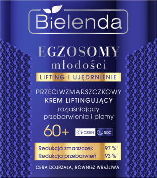 Ciemnoniebieska etykieta Bielenda Egzosomy Młodości, krem liftingujący 60+, redukuje zmarszczki i przebarwienia.