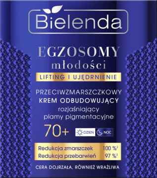 Bielenda Egzosomy młodości 70+ krem liftingująco-ujędrniający, redukujący zmarszczki, w ciemnoniebieskim opakowaniu.
