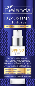 Bielenda Egzosomy Młodości serum przeciwzmarszczkowe SPF 50, biała butelka na granatowym tle, widok z przodu.