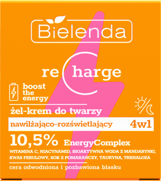 Pomarańczowe opakowanie Bielenda Recharge żel-krem do twarzy, nawilżająco-rozświetlający, 10,5% EnergyComplex, widok z przodu.