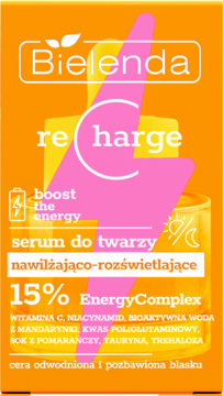 Bielenda Recharge nawilżająco-rozświetlające serum, pomarańczowe opakowanie z różową błyskawicą i 15% EnergyComplex.
