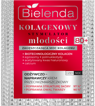 Bielenda Kolagenowy Stymulator Młodości 80+ krem przeciwzmarszczkowy, czerwono-srebrna saszetka, widok frontalny.