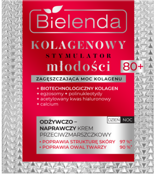 Bielenda Kolagenowy Stymulator Młodości 80+ krem przeciwzmarszczkowy, czerwono-srebrna saszetka, widok frontalny.