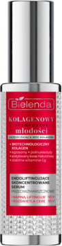 Bielenda Kolagenowy Stymulator Młodości, endoliftingujące serum, srebrna butelka z czerwoną etykietą, widok z przodu.