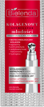 Bielenda Kolagenowy Stymulator Młodości krem pod oczy do cery dojrzałej, czerwone opakowanie, przód, aplikator.