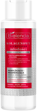 Bielenda Kolagenowy Stymulator Młodości Woda Micelarna, biała butelka z czerwoną etykietą, widok z przodu.