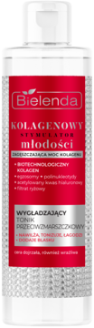 Bielenda Kolagenowy Stymulator Młodości, tonik przeciwzmarszczkowy w przezroczystej butelce z czerwoną etykietą, widok z przodu.