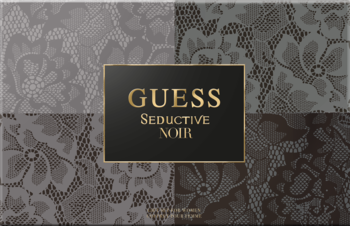 Guess Seductive Noir zestaw dla kobiet, czarno-szare pudełko z koronkowym wzorem i złotym logo.
