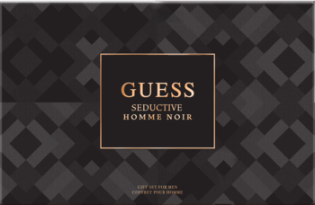 Ciemne pudełko Guess Seductive Homme Noir Gift Set, geometryczny wzór, złoty napis, widok z przodu.