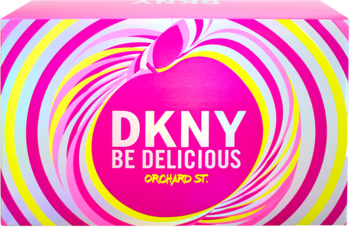 Karton DKNY Be Delicious Orchard St. z różowo-białymi spiralami, różowym jabłkiem i logiem produktu.