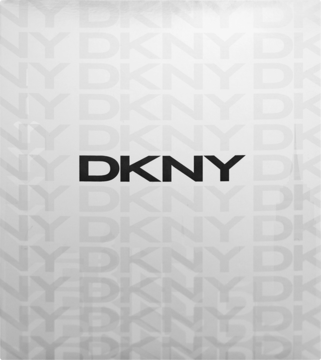 Centralne czarne logo DKNY, marki perfum, na jasnoszarym tle z subtelnym wzorem powtarzającej się nazwy.