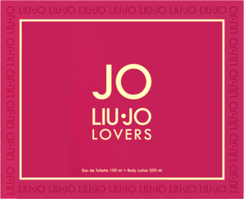 Magenta opakowanie Liu Jo Lovers Jo, zestaw woda toaletowa i balsam, z jasnym napisem JO LIU-JO LOVERS na środku.